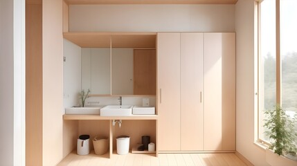 Interior design,MUJI style interior design,Wooden room,Minimalist wooden interior,Japanese,Scandinavian wood,Natural light,MUJI-inspired,Simplicity,Neutral color palette,AI Generate