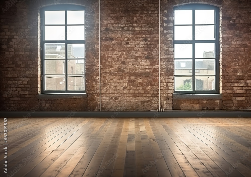 Wall mural 3d rendering of an empty room with a big window in loft style. wooden floor and brick wall in a mode