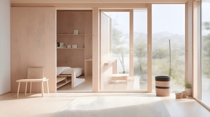 Interior design,MUJI style interior design,Wooden room,Minimalist wooden interior,Japanese,Scandinavian wood,Natural light,MUJI-inspired,Simplicity,Neutral color palette,AI Generate