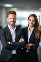 Fototapeta premium Smiling businessman and businesswoman in office