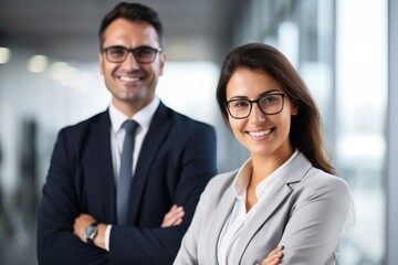 Smiling businessman and businesswoman in office