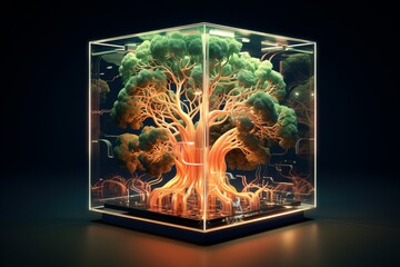 A tree growing on a digital cube, green technologies.Generative