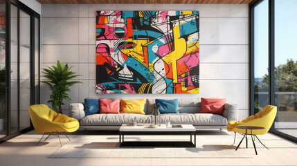 Modern bright living room interiors with art wallpaper.
