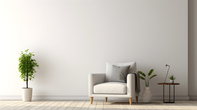 A single white sofa in an empty room with white walls and floor,furniture, home, wall, living, couch, design