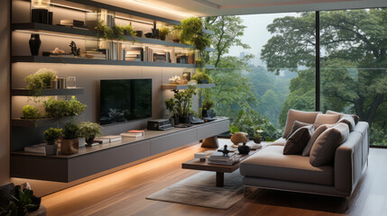 Obraz premium Modern bright living room interiors with art wallpaper. 