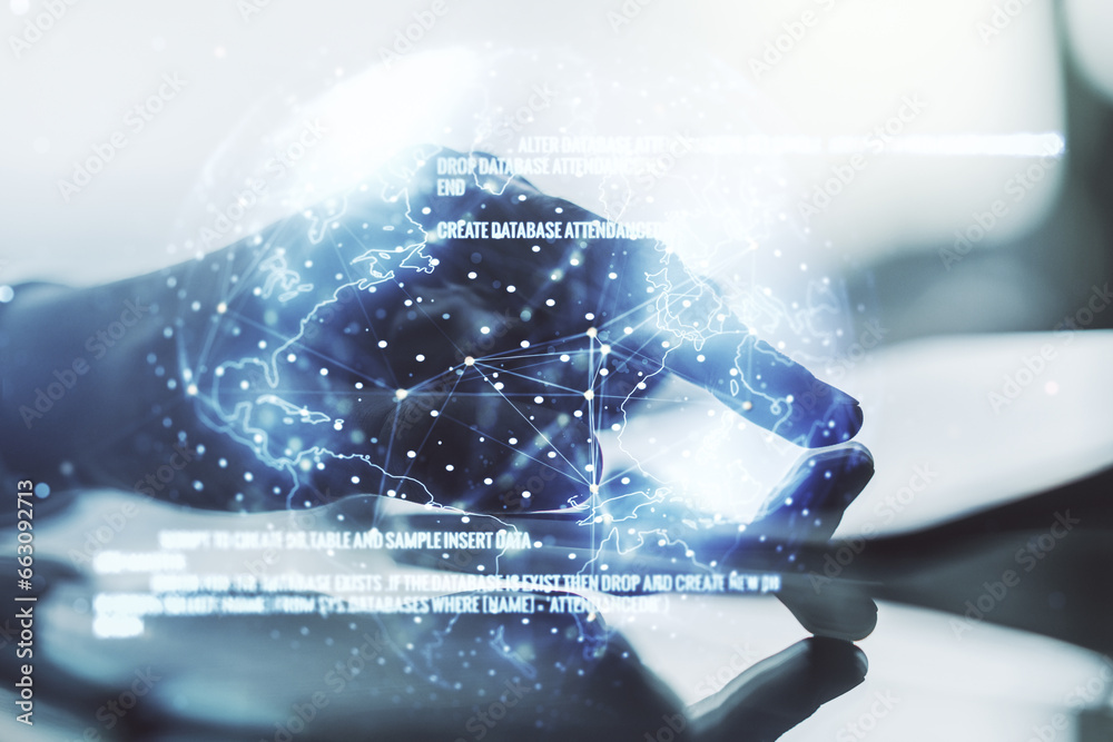 Poster double exposure of abstract programming language hologram with world map and finger clicks on a digi