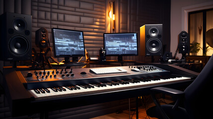 Fototapeta premium Recording Studio with a synthesizer and a remote control 