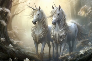 Obraz na płótnie Canvas Majestic unicorns with shimmering silver horns - Generative AI