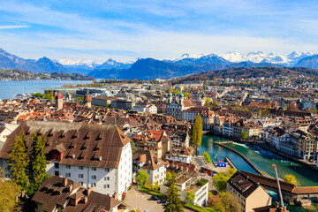 View of the Reuss river and old town of Lucerne (Luzern) city, Switzerland. View from above