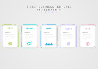 Simple infographic template 5 Product options white square Text message above and multi-colored icons below. multi colored border outline gray gradient background