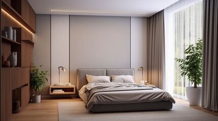 Fototapeta na wymiar Luxurious bedroom with cozy furniture, showcasing wealth and comfort. Interior bedroom with modern furniture and cosy feeling decoration. Generative AI