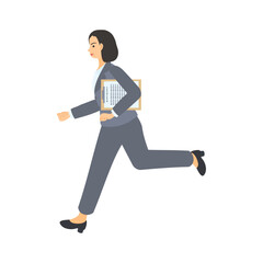 走る中年女性会社員。フラットなベクターイラスト。A running middle-aged female office worker. Flat designed vector illustration.