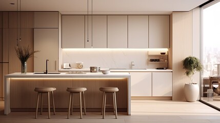 Modern minimalist apartment kitchen with white beige a stone cream color palette