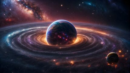 power and energy of swirling galaxies and dark matter in space, glowing star fantastic background