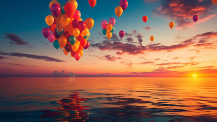 サンセットカラーの空に浮かぶ風船の写真