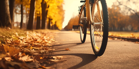 CYCLE on road with leaves.Cycling through Autumn Leaves