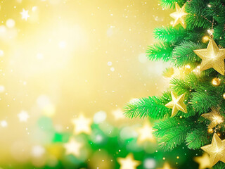 Abstract Christmas background with Christmas trees and bokeh, golden gradient. Merry Christmas Happy New Year banner