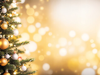 Fototapeta na wymiar Abstract Christmas background with Christmas trees and bokeh, golden gradient. Merry Christmas Happy New Year banner