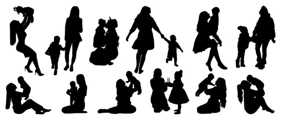 set of silhouettes of mother with child illustration vector