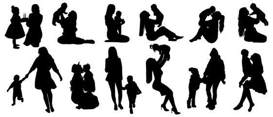 set of silhouettes of mother with child vector