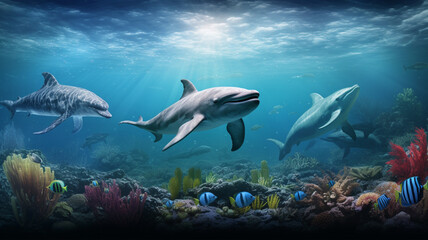 魚、クジラ、イルカなどの海洋生物の写真