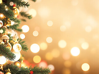 Abstract Christmas background with Christmas trees and bokeh, golden gradient. Merry Christmas Happy New Year banner