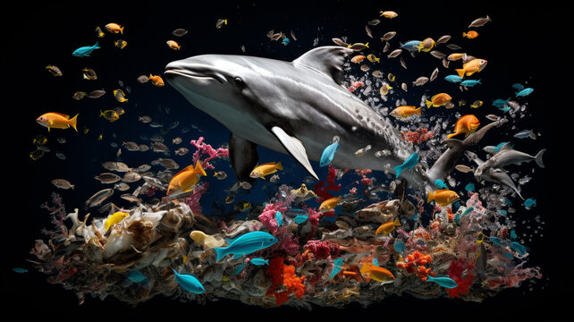 魚、クジラ、イルカなどの海洋生物の写真