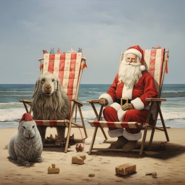 A jolly santa and a curious rabbit bask in the endless sky on a sun-kissed beach, lounging on chairs as their loyal dog explores the sandy ground