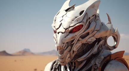 A figure in a robot suit emerges from the vast desert landscape, their mask reflecting the endless sky above as they navigate the wild terrain