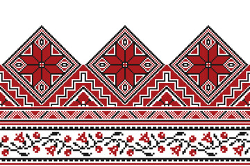 flower embroidery on white background. ikat and cross stitch geometric seamless pattern ethnic oriental traditional. Aztec style illustration design for carpet, wallpaper, clothing, wrapping, batik.