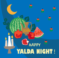 Happy Yalda night banner template with symbols of the holiday - watermelon, pomegranate, nuts, candles. Iranian night of forty festival of winter solstice celebration.