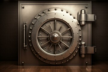 A rendered front view of a closed bank vault door. Generative AI