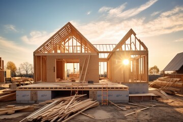 Construction of a new house in the form of a wooden frame, Construction of a new house. Construction of a new house with a wooden frame, AI Generated - obrazy, fototapety, plakaty