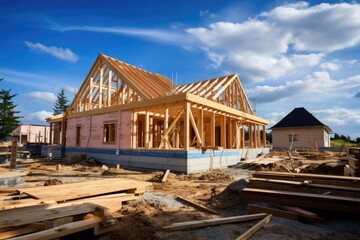 Construction of a new house with wooden roof trusses and beams, Construction of a new house. Construction of a new house with a wooden frame, AI Generated - obrazy, fototapety, plakaty