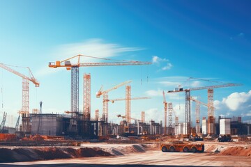 Fototapeta na wymiar Construction site with cranes on blue sky background. 3D rendering, Construction site with cranes and building against blue sky, AI Generated