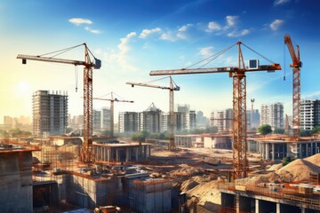 Fototapeta na wymiar Construction site with cranes and building under construction. 3d rendering, Construction site with cranes and building against blue sky, AI Generated