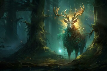 digital art depicting a magical protector of the enchanting woods. Generative AI - obrazy, fototapety, plakaty