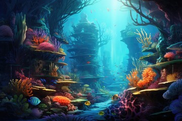 Fototapeta na wymiar Underwater world. Underwater world with corals and tropical fish, Coral garden seascape and underwater world, AI Generated