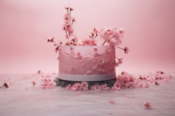 Cake with cherry blossom on a pink background. 3d rendering, Cosmetic pedestal, pink podium with sakura petals, AI Generated