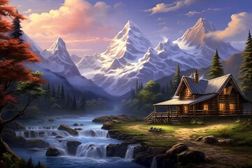 Beautiful mountain landscape with a wooden house and a waterfall. Digital painting, Create a beautiful mountain scene with a log home on the side of a rugged mountain that has snow, AI Generated