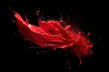 Keuken spatwand met foto Red paint splashes isolated on black background. Red paint splashes on black background, Creative commercial photo of lipstick red in a scattering of pigment in motion, isolated, AI Generated © Iftikhar alam