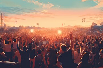 Crowd cheering at a music festival during a sunny day. 3D Rendering, crowd at concert - summer music festival, AI Generated - obrazy, fototapety, plakaty