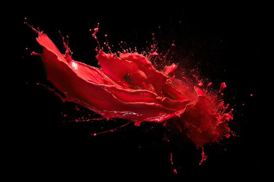Red paint splashes isolated on black background. Red paint splashes on black background, Creative commercial photo of lipstick red in a scattering of pigment in motion, isolated, AI Generated