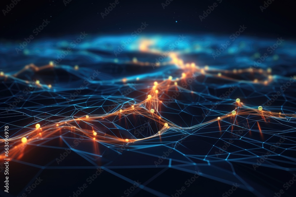 Poster 3d rendering of abstract technology digital background. Network connection structure, Cyber big data flow. Blockchain data fields. Network line connect stream, AI Generated
