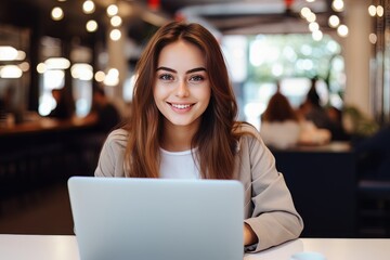 Portrait of Beautiful European Female Student Learning Online in Coffee Shop, Young Woman Studies...