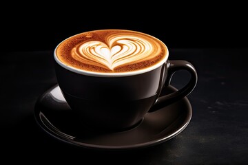 Cup of coffee with latte art on a black background, Cup of coffee with heart shape on Black background, closeup, AI Generated