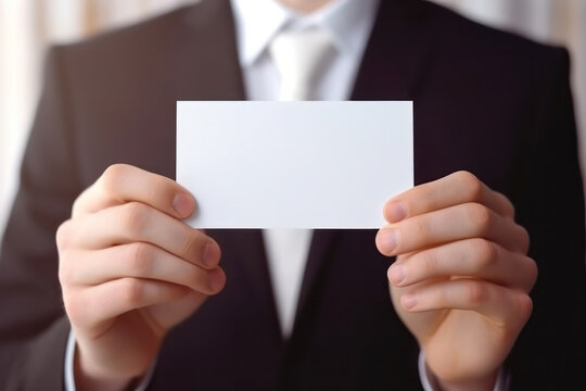 Close-up of an empty white note as a mockup for text and messages. A man in a suit holds a blank piece of paper.