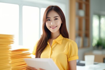 Portrait of Happy Asian Woman Manager Holds Paper in Modern Office, Smiling Female Holding CV for Job Interview, Bueatiful Accountant with Financial Reports Paper