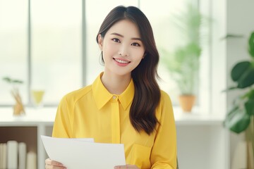 Portrait of Happy Asian Woman Manager Holds Paper in Modern Office, Smiling Female Holding CV for Job Interview, Bueatiful Accountant with Financial Reports Paper