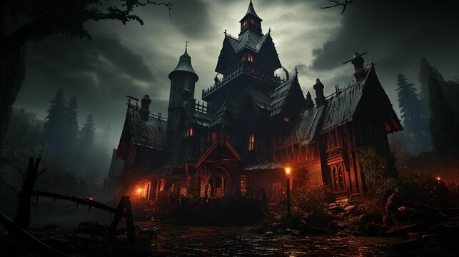 AI generated illustration of a haunted house illuminated at night